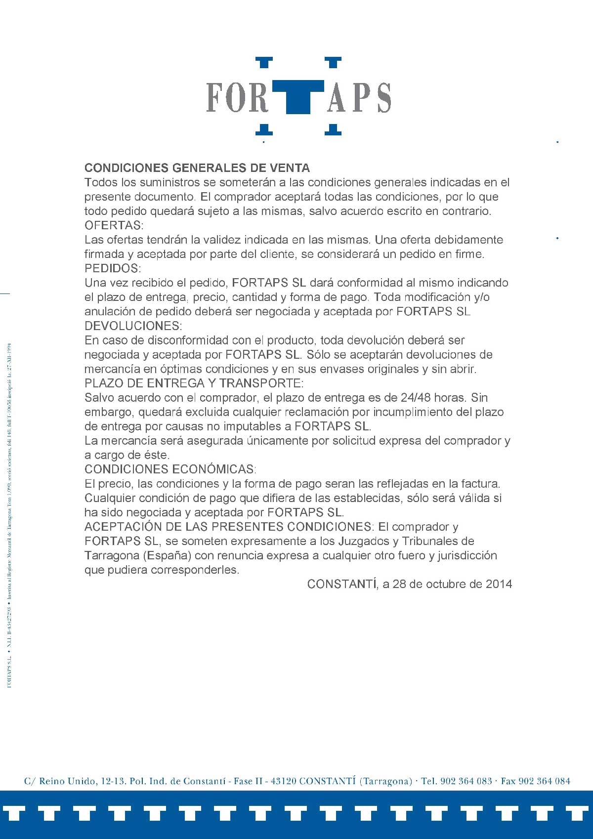 Condiciones Generales de Venta FORTAPS