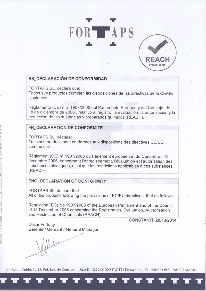 Certificado de calidad REACH FORTAPS