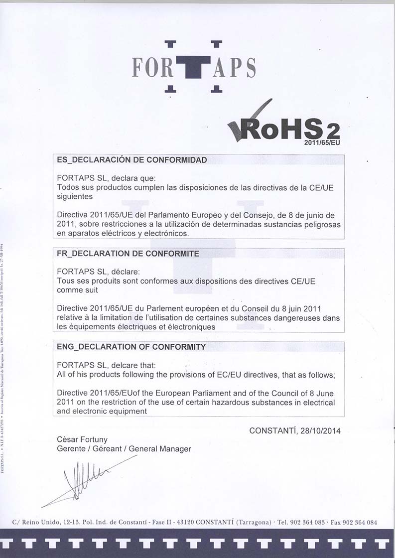 Certificado de calidad ROHS FORTAPS